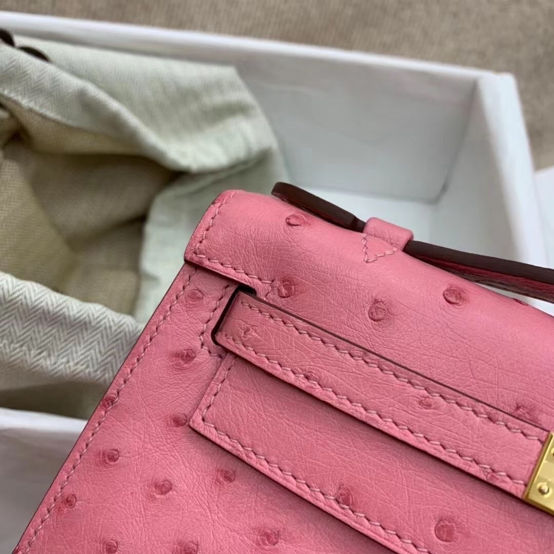 에르메스 미니 켈리백22 사쿠라 핑크 금장 타조가죽